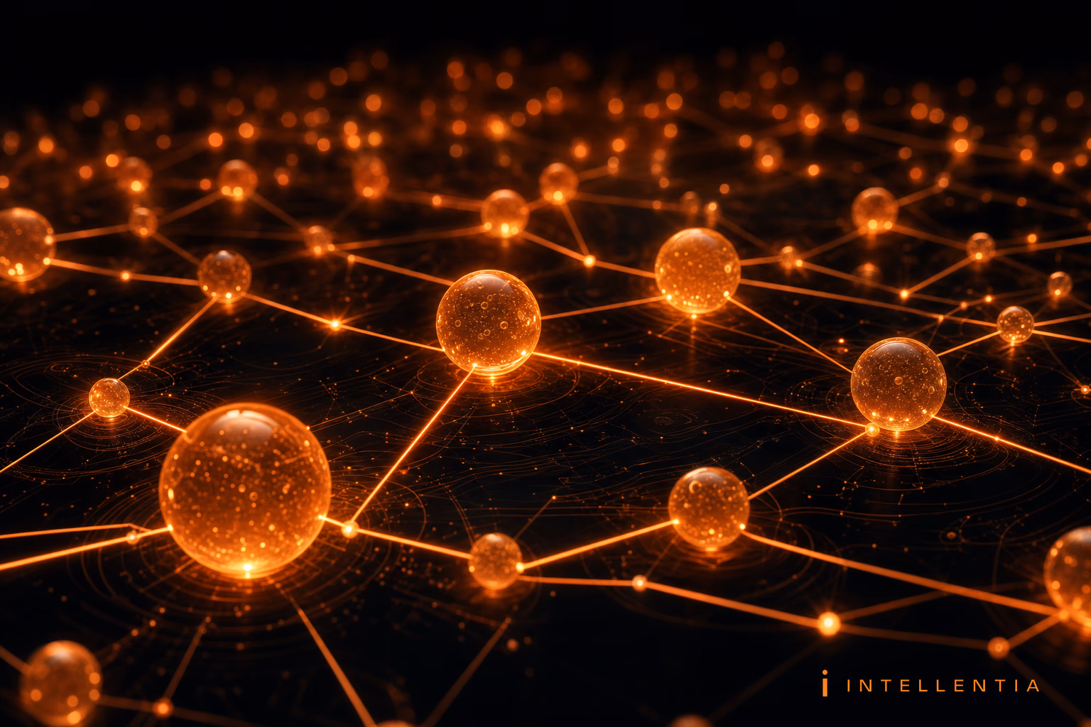 Liquid-glass orange render on black — technical AI case in hospitality
